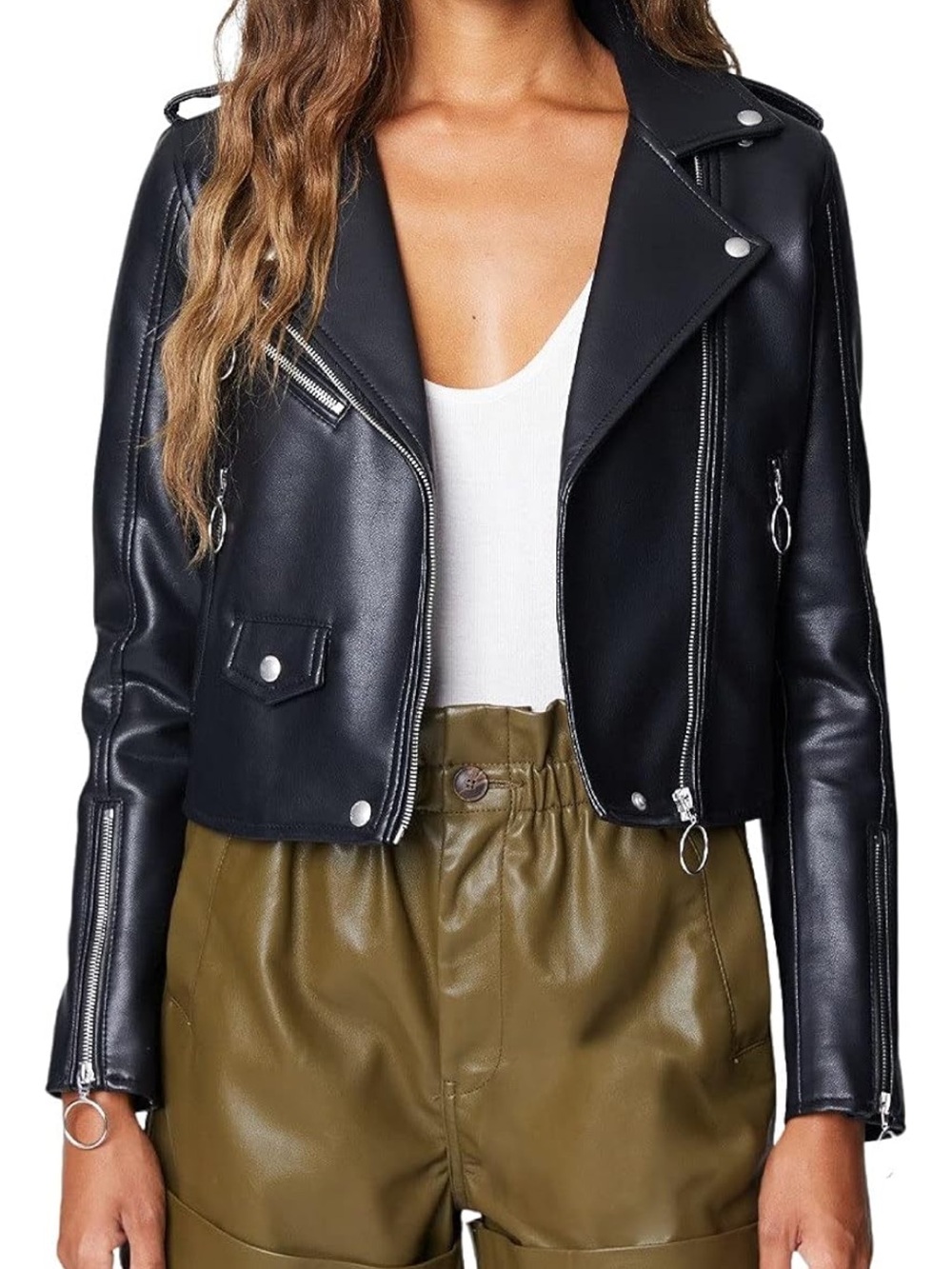 Blank NYC Black Faux Leather Moto Jacket with Ring-Zip Details